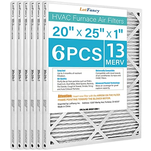 LotFancy 20x25x1 Air Filters, MERV 13 AC Furnace Filters, 6 Pack Pleated Air Conditioner HVAC Filters (Actual Size: 19.75 X 24.75 X 0.75 Inches) 1 LotFancy 20x25x1 Air Filters, MERV 13 AC Furnace Filters, 6 Pack Pleated Air Conditioner HVAC Filters (Actual Size: 19.75 X 24.75 X 0.75 Inches)