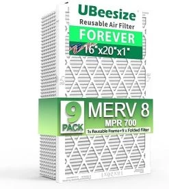 UBeesize Reusable Air Filter 20x20x1 (9-Pack), MERV 13 MPR 1800 AC/HVAC Furnace Filters,Deep Pleated Air Cleaner, (Actual Size 19.5" X 19.5" X 0.8"),1x Reusable ABS Frame+9 X Filter,Breathe Fresher 24 UBeesize Reusable Air Filter 20x20x1 (9-Pack), MERV 13 MPR 1800 AC/HVAC Furnace Filters,Deep Pleated Air Cleaner, (Actual Size 19.5" X 19.5" X 0.8"),1x Reusable ABS Frame+9 X Filter,Breathe Fresher -Air Filter Store 51HxEa JICL. AC