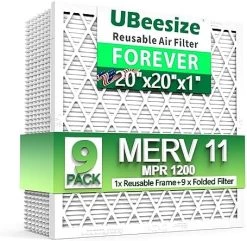 UBeesize Reusable Air Filter 20x20x1 (9-Pack), MERV 11 MPR 1200 AC/HVAC Furnace Filters,Deep Pleated Air Clean (Actual Size 19.5" X 19.5" X 0.8"),1x Reusable ABS Frame+9 X Inner Filter,Breathe Fresher 20 UBeesize Reusable Air Filter 20x20x1 (9-Pack), MERV 11 MPR 1200 AC/HVAC Furnace Filters,Deep Pleated Air Clean (Actual Size 19.5" X 19.5" X 0.8"),1x Reusable ABS Frame+9 X Inner Filter,Breathe Fresher -Air Filter Store 51Z1NgozZlL. AC