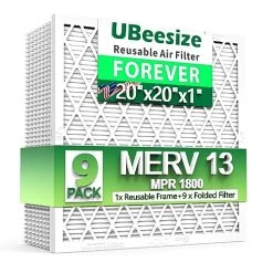 UBeesize Reusable Air Filter 20x20x1 (9-Pack), MERV 13 MPR 1800 AC/HVAC Furnace Filters,Deep Pleated Air Cleaner, (Actual Size 19.5" X 19.5" X 0.8"),1x Reusable ABS Frame+9 X Filter,Breathe Fresher